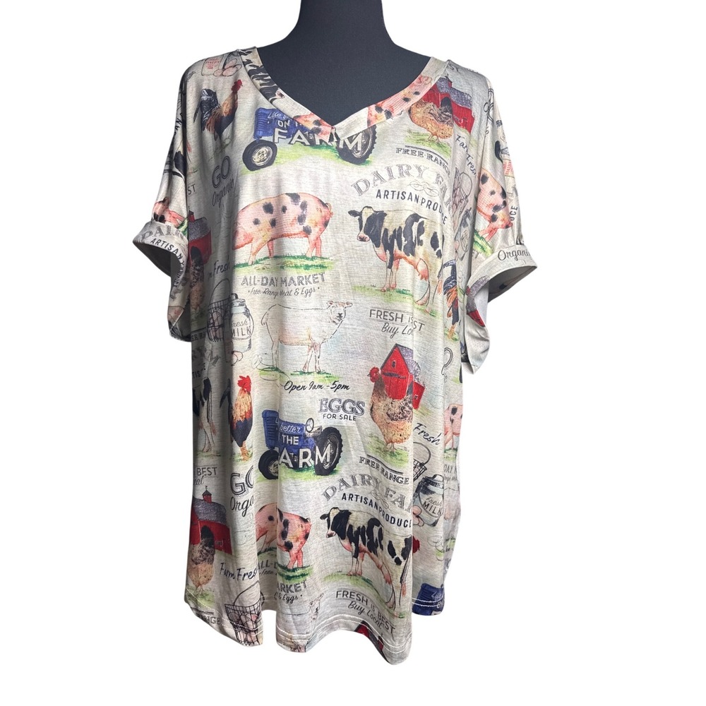 Womens Farm Life Graphic V-Neck Tee Gray Farmhouse Animal Print Top 2XL